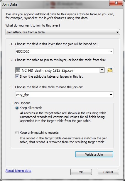 The Join Data window with Keep all records selected.