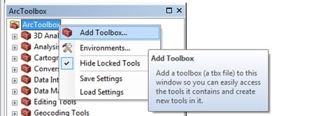 The ArcToolbox window with Add Toolbox highlighted.