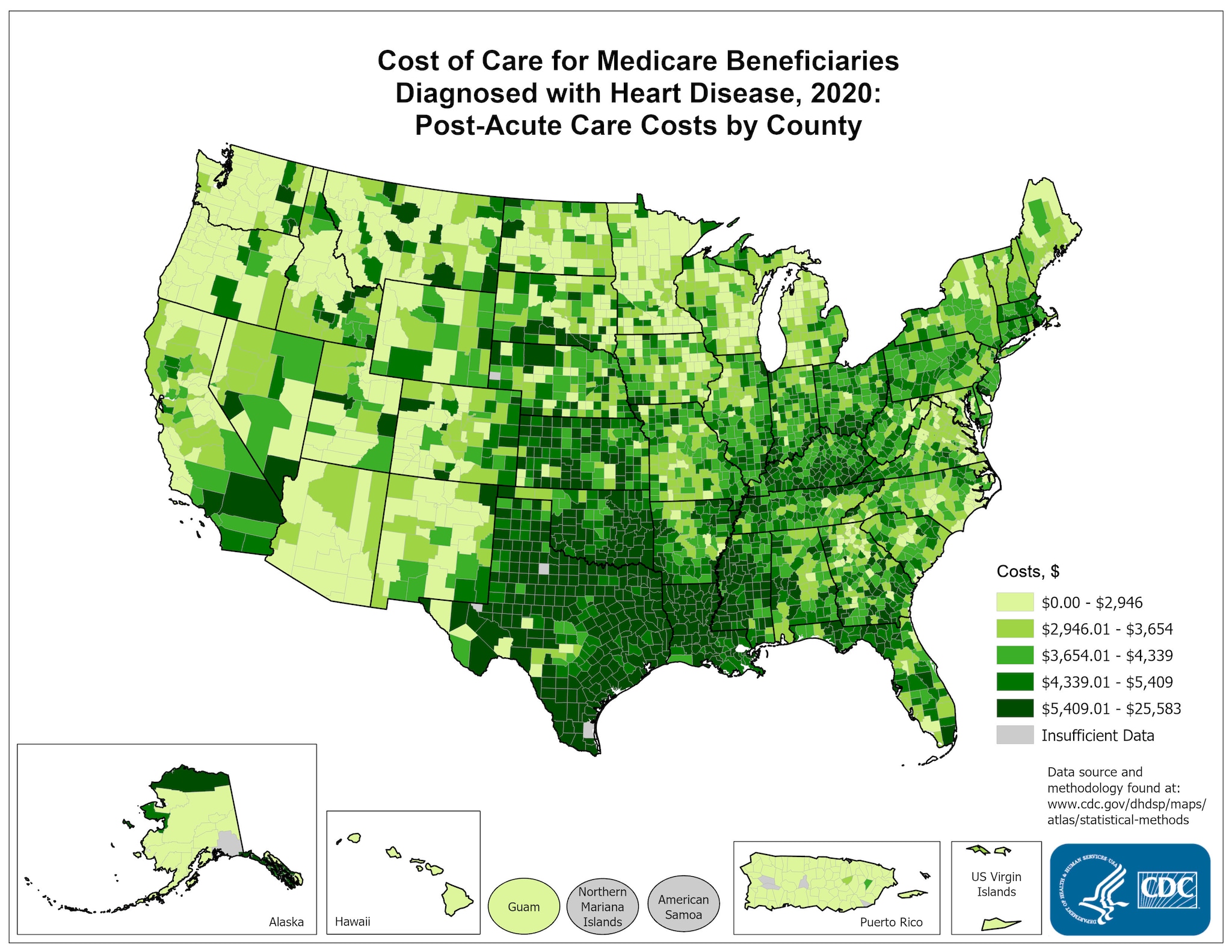 Costs of Care per Capita for FFS Medicare beneficiaries diagnosed with Heart Disease, 2015: Post Acute Care, by county. This map shows the concentrations of counties with the highest post acute care costs per capita  – meaning the top quintile – are located primarily in Texas, Louisiana, Arkansas, Mississippi, and Oklahoma, with pockets located in Pennsylvania, Ohio, Kentucky, Tennessee, Nevada, and Kansas.