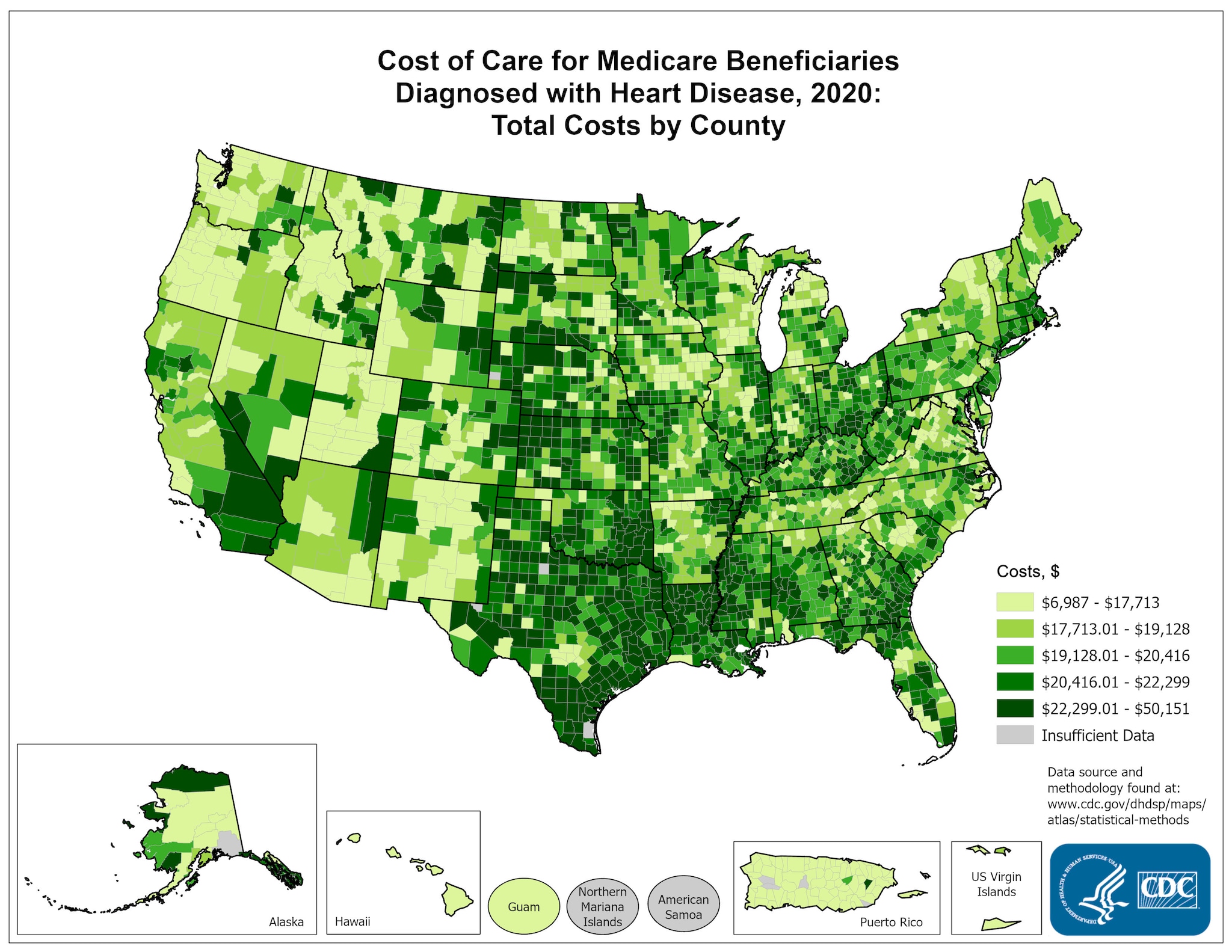Costs of Care per Capita for FFS Medicare beneficiaries diagnosed with Heart Disease, 2015: Total Costs, by county. This map shows the concentrations of counties with the highest total costs per capita  – meaning the top quintile – are located primarily in Texas, Louisiana, Oklahoma, Mississippi, Florida, and West Virginia, with pockets in Pennsylvania, Michigan, Nevada, and Utah.