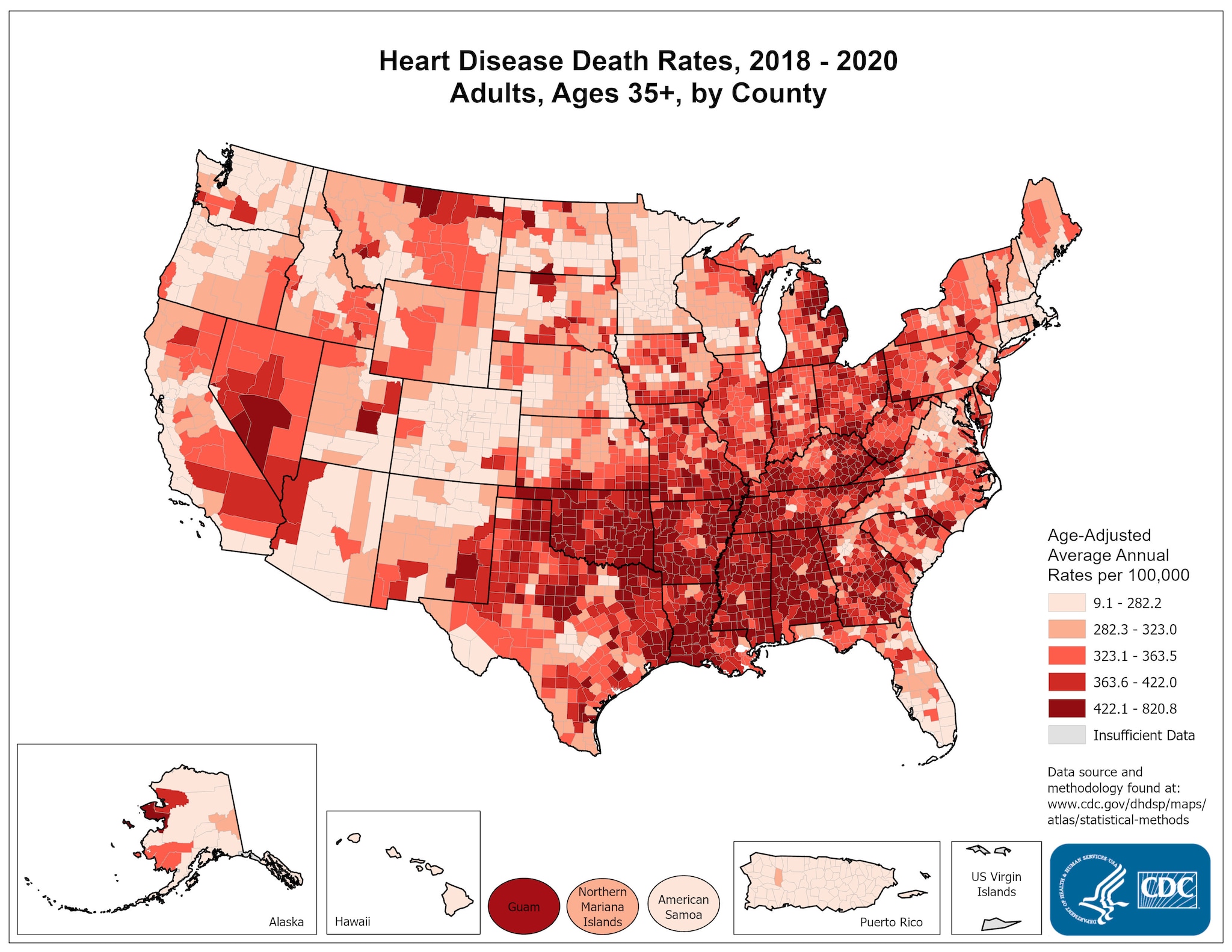 Heart Disease Death Rates for 2011 through 2013 for Adults Aged 35 Years and Older by County. The map shows that concentrations of counties with the highest heart disease death rates - meaning the top quintile - are located primarily in Mississippi, Oklahoma, Louisiana, Arkansas, and Alabama.  Pockets of high-rate counties also were found in Georgia, Kentucky, Tennessee, Missouri, and Nevada.