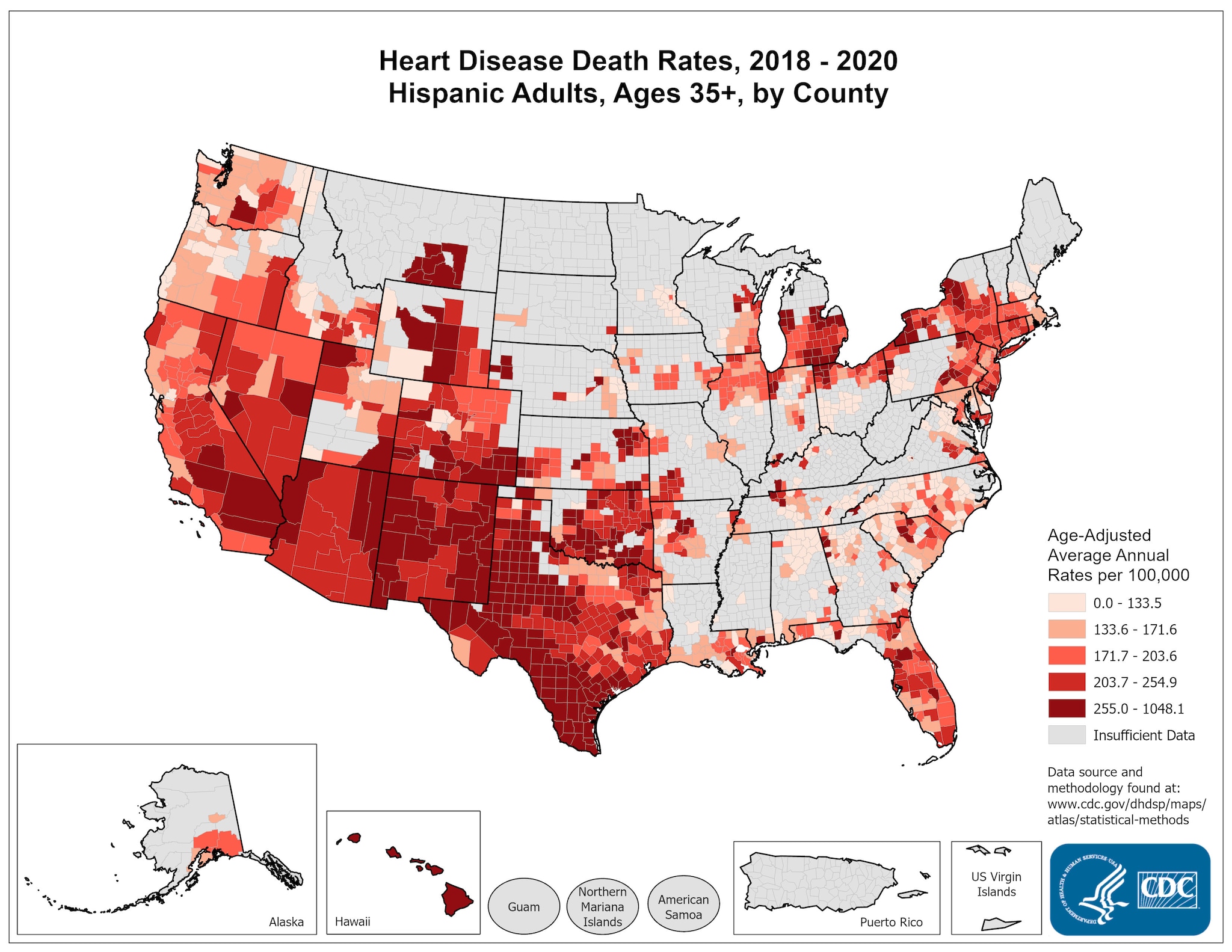 Heart Disease Death Rates for 2018 through 2020 for Hispanics Aged 35 Years and Older by County