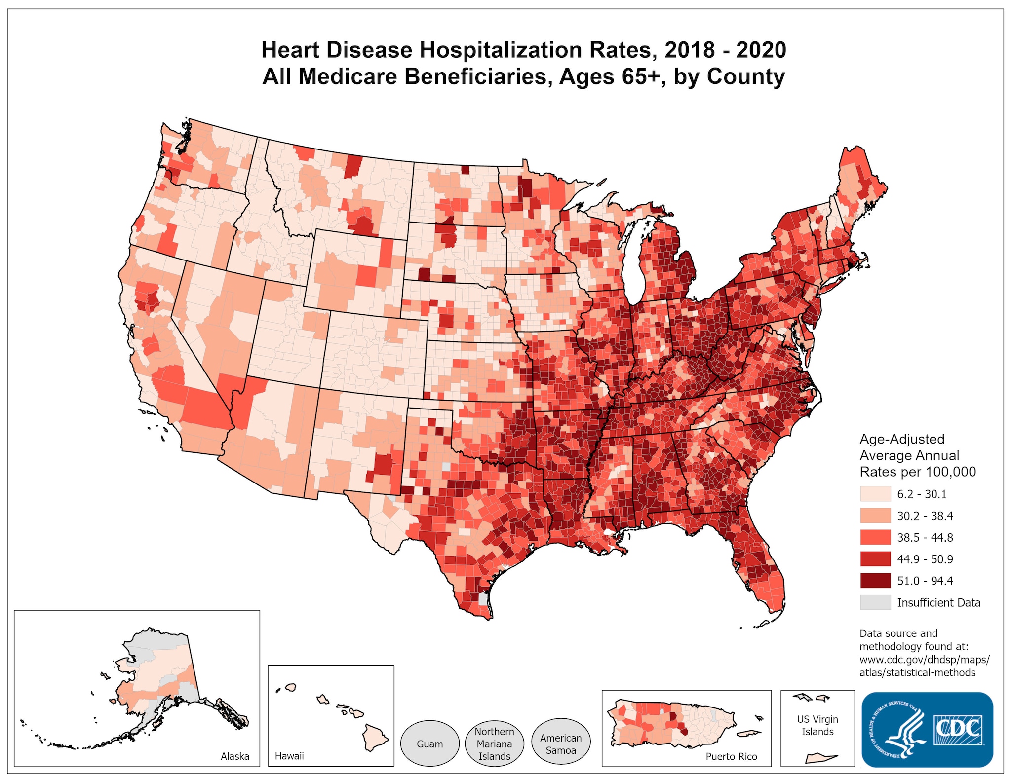 Heart Disease Hospitalization Rates for 2018 through 2020 for Adults Aged 65 Years and Older by County