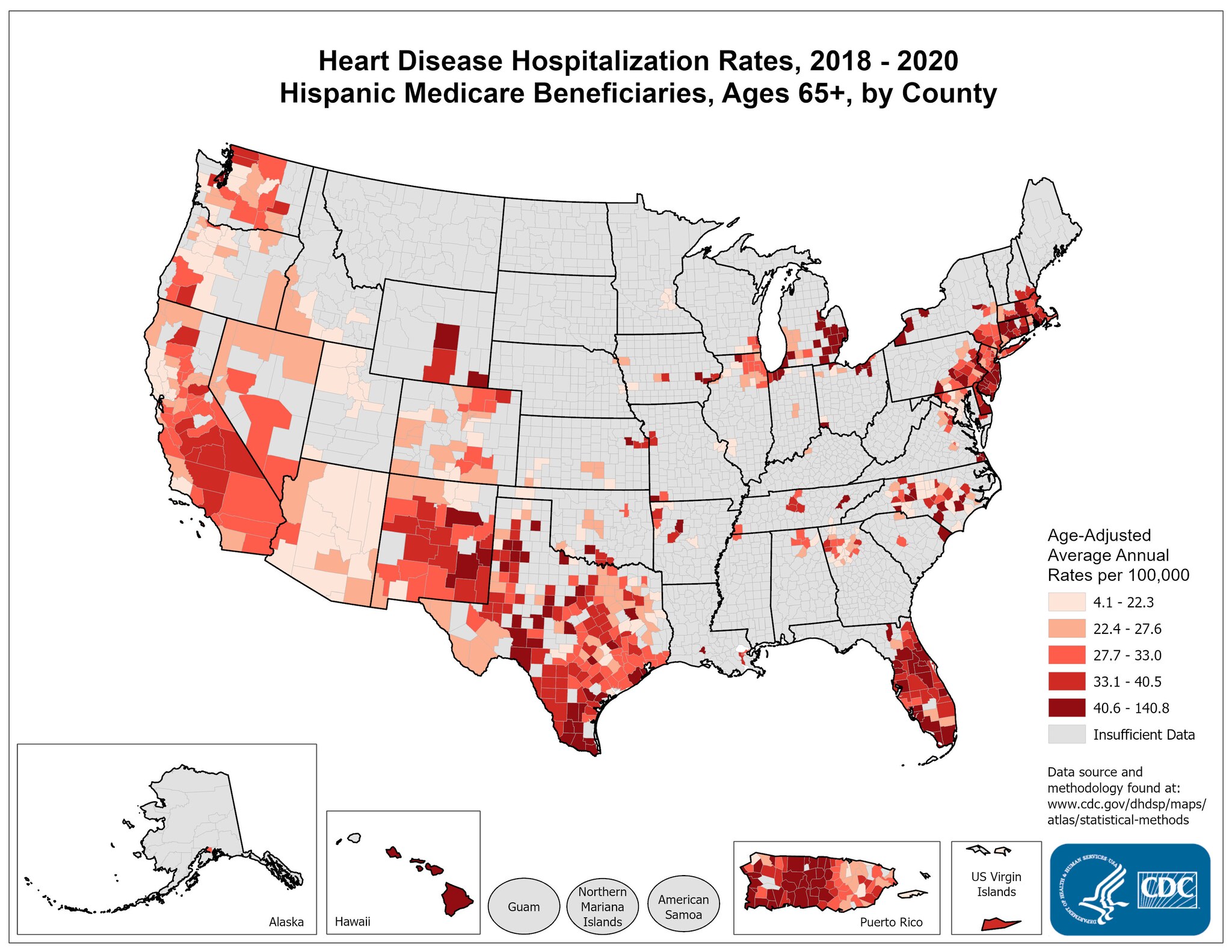 Heart Disease Hospitalization Rates for 2015 through 2017 for Hispanics Aged 65 Years and Older by County. The map shows that concentrations of counties with the highest heart disease hospitalization rates - meaning the top quintile - are located primarily in parts of Texas, Florida, Massachusetts, New Jersey, Pennsylvania, and Connecticut. With pockets of high rates located in Michigan, New York, and Arizona.