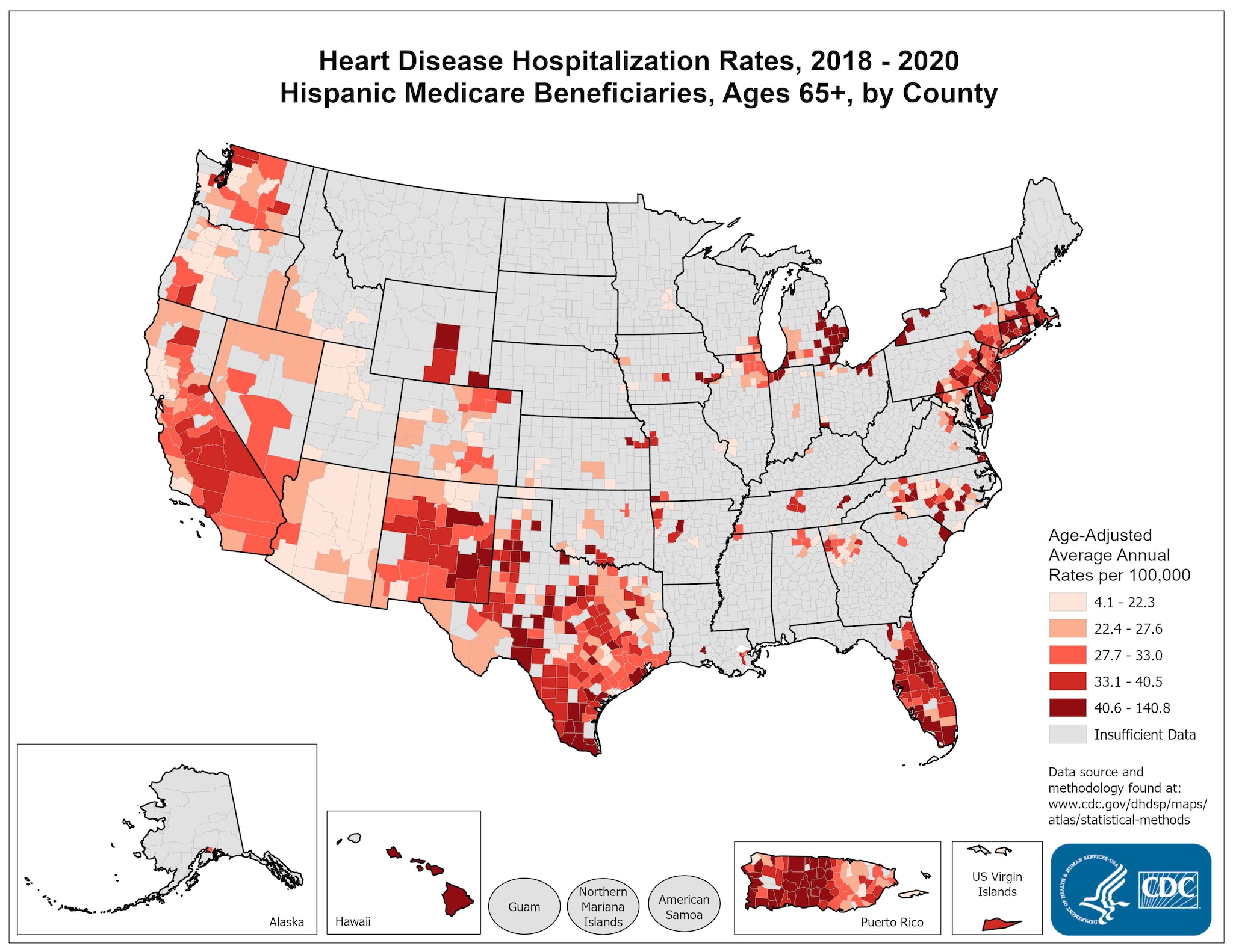 Heart Disease Hospitalization Rates for 2018 through 2020 for Hispanics Aged 65 Years and Older by County