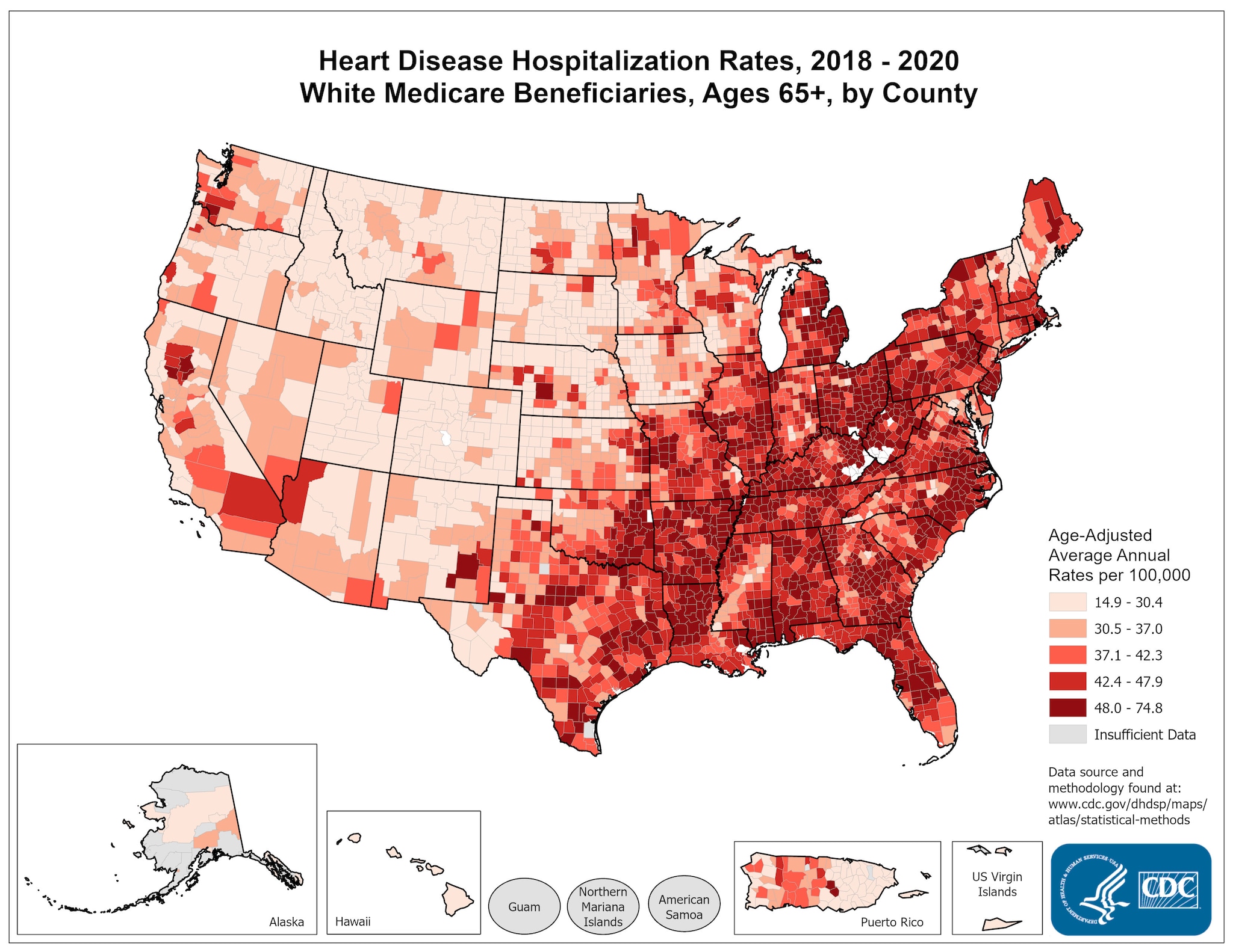 Heart Disease Hospitalization Rates for 2018 through 2020 for Whites Aged 65 Years and Older by County