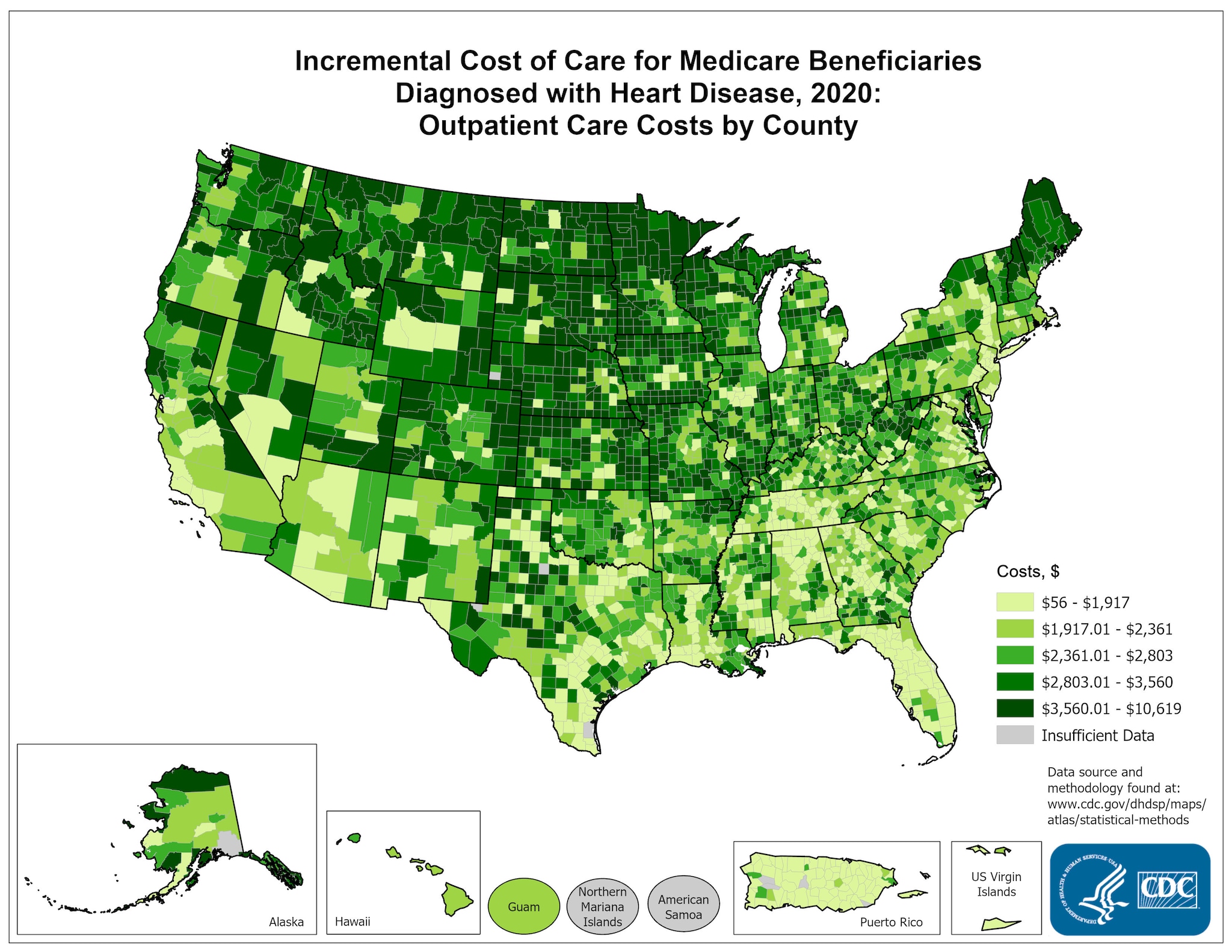 Incremental Costs of Care per Capita for FFS Medicare beneficiaries diagnosed with Heart Disease, 2015: Outpatient Costs, by county. This map shows the concentrations of counties with the highest incremental outpatient costs per capita  – meaning the top quintile – are located primarily in Montana, Idaho, North Dakota, Maine, Minnesota, Alaska, and South Dakota, with pockets located in Utah, Texas, Michigan, Wisconsin, Iowa, Kansas, Nebraska, Colorado, Wyoming, and Oregon.