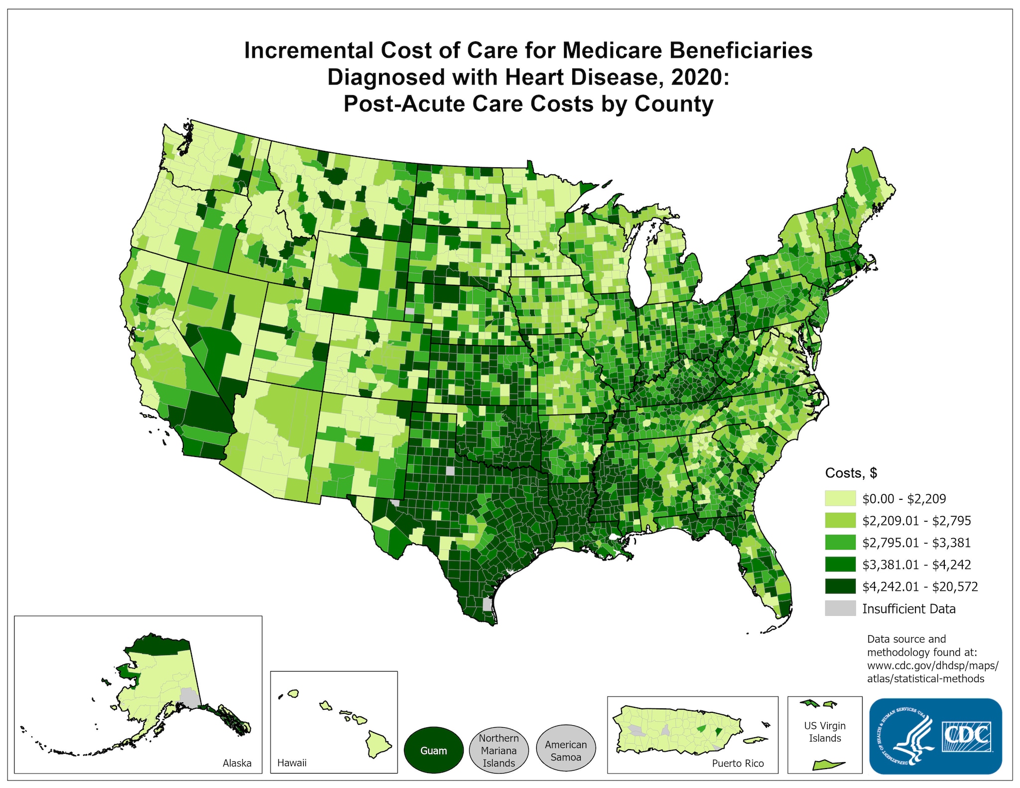 Incremental Costs of Care per Capita for FFS Medicare beneficiaries diagnosed with Heart Disease, 2015: Post Acute Care Costs, by county. This map shows the concentrations of counties with the highest incremental post acute care costs per capita – meaning the top quintile – are located primarily in Texas, Oklahoma, Louisiana, and Mississippi, with pockets located in southeastern Oregon, Nevada, Wyoming, Pennsylvania, Florida, Tennessee, and Kentucky.