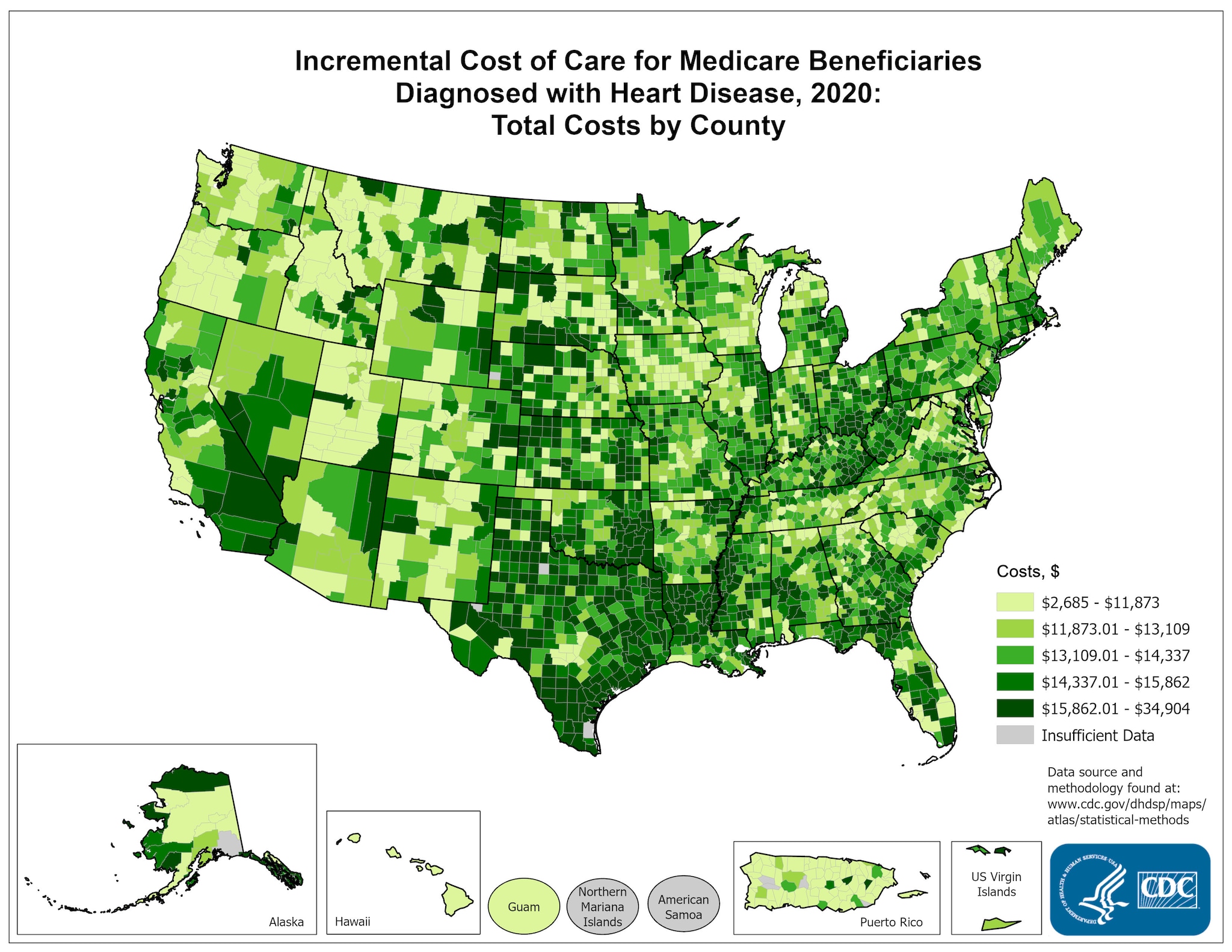Incremental Costs of Care per Capita for FFS Medicare beneficiaries diagnosed with Heart Disease, 2015: Total Costs, by county. This map shows the concentrations of counties with the highest incremental total costs per capita – meaning the top quintile – are located primarily in Texas, Oklahoma, Louisiana, Mississippi, Ohio, Kentucky, Pennsylvania, Michigan, and Florida, with pockets located in southern California, Nevada, Wyoming, South Dakota, southeastern Utah, eastern Illinois, and West Virginia.