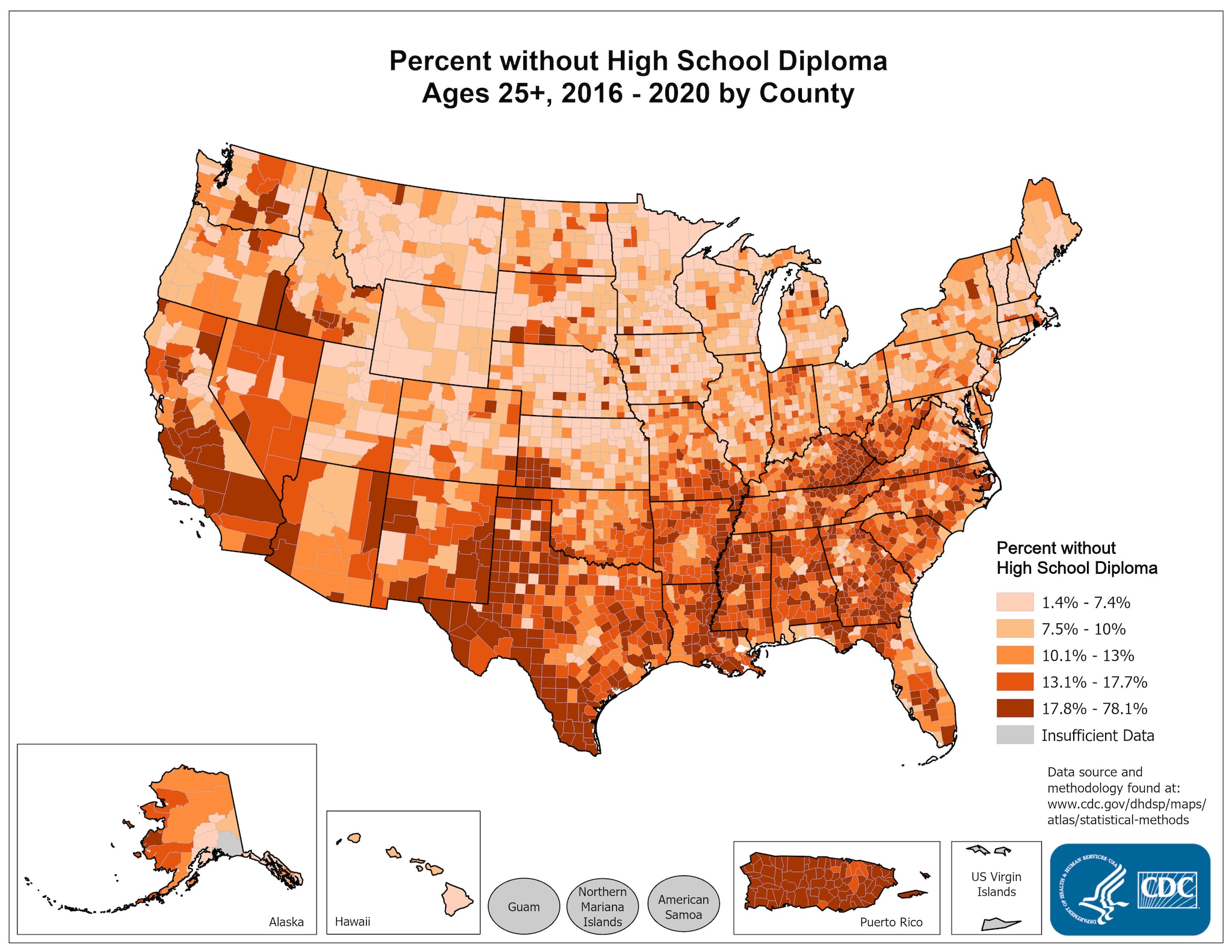 Percentage without High School Diploma Ages 25+, 2010-2014. Counties with the highest percentage without a high school diploma for 2010-2014 were located primarily in southwestern Texas, central California, the lower Mississippi River area, the Appalachian Region of Kentucky, and rural Alabama and Georgia. The range in the percentage of the population ages 25 and older with less than a high school degree was between 1.3% and 53.3%.