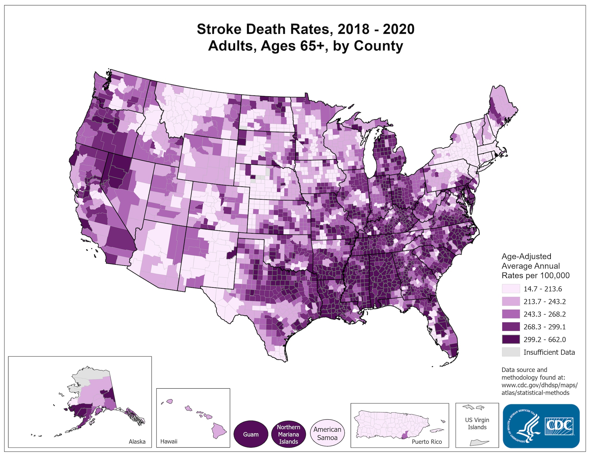 Stroke Death Rates for 2014 through 2016 for Adults Aged 65 Years and Older by County. The map shows that concentrations of counties with the highest stroke death rates - meaning the top quintile - are located primarily in the Southeast, with heavy concentrations of high-rate counties in Arkansas, Kentucky, West Virginia, Alabama, and South Carolina. Pockets of high-rate counties also are found in Oklahoma, parts of Texas, North Carolina, Tennessee, Utah, North Dakota, South Dakota, Kansas, Montana, California, and Alaska.