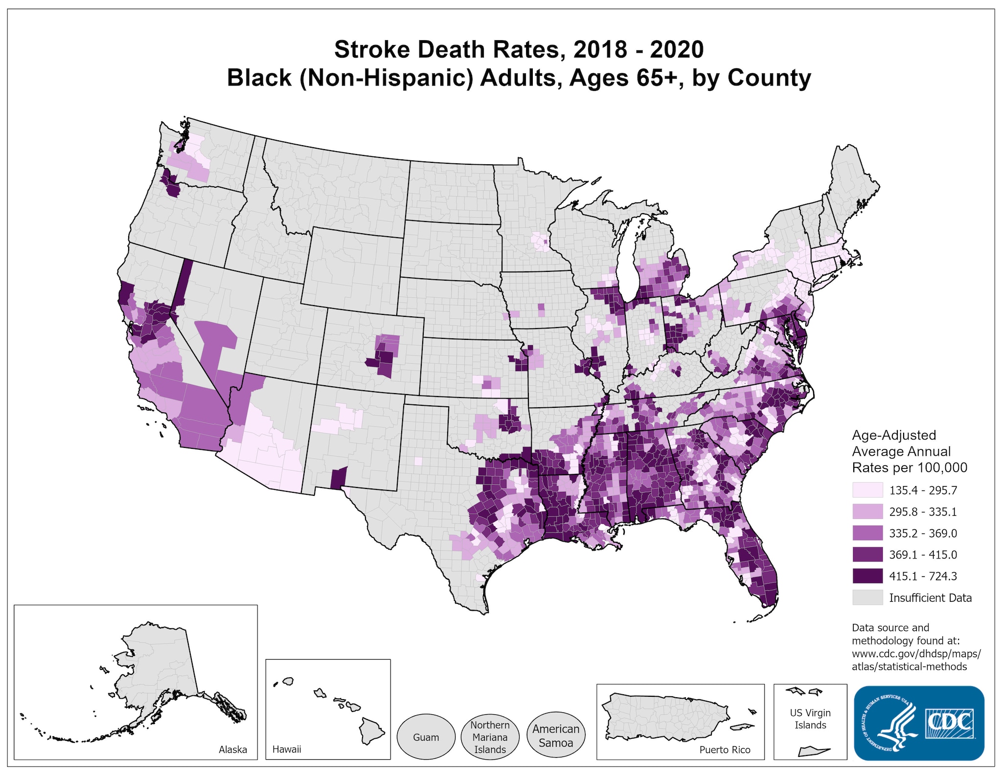 Stroke Death Rates for 2014 through 2016 for Blacks Aged 65 Years and Older by County. The map shows that concentrations of counties with the highest stroke death rates - meaning the top quintile - are located primarily in parts of eastern Texas, Louisiana, and Arkansas. Pockets of high-rate counties also are found in Pennsylvania, North Carolina, South Carolina, Georgia, and Illinois. 