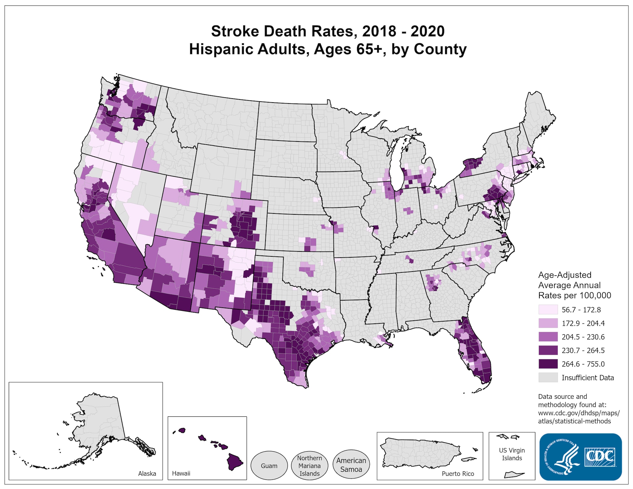 Stroke Death Rates for 2014 through 2016 for Hispanics Aged 65 Years and Older by County. The map shows that concentrations of counties with the highest stroke death rates - meaning the top quintile - are located primarily in Hawaii, Texas, and parts of Colorado and Pennsylvania. Pockets of high-rate counties are also found in California and Michigan. 
