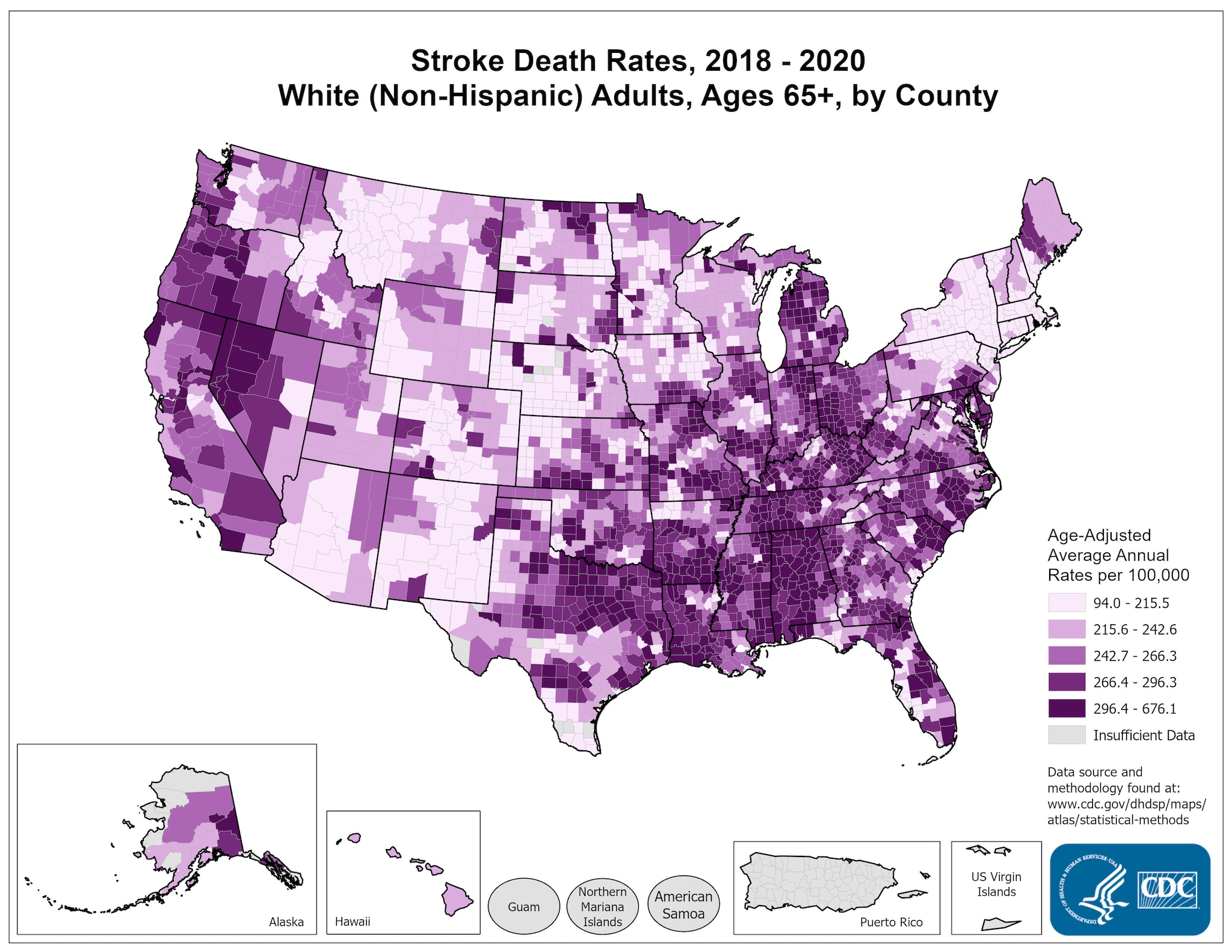 Stroke Death Rates for 2018 through 2020 for Whites Aged 65 Years and Older by County