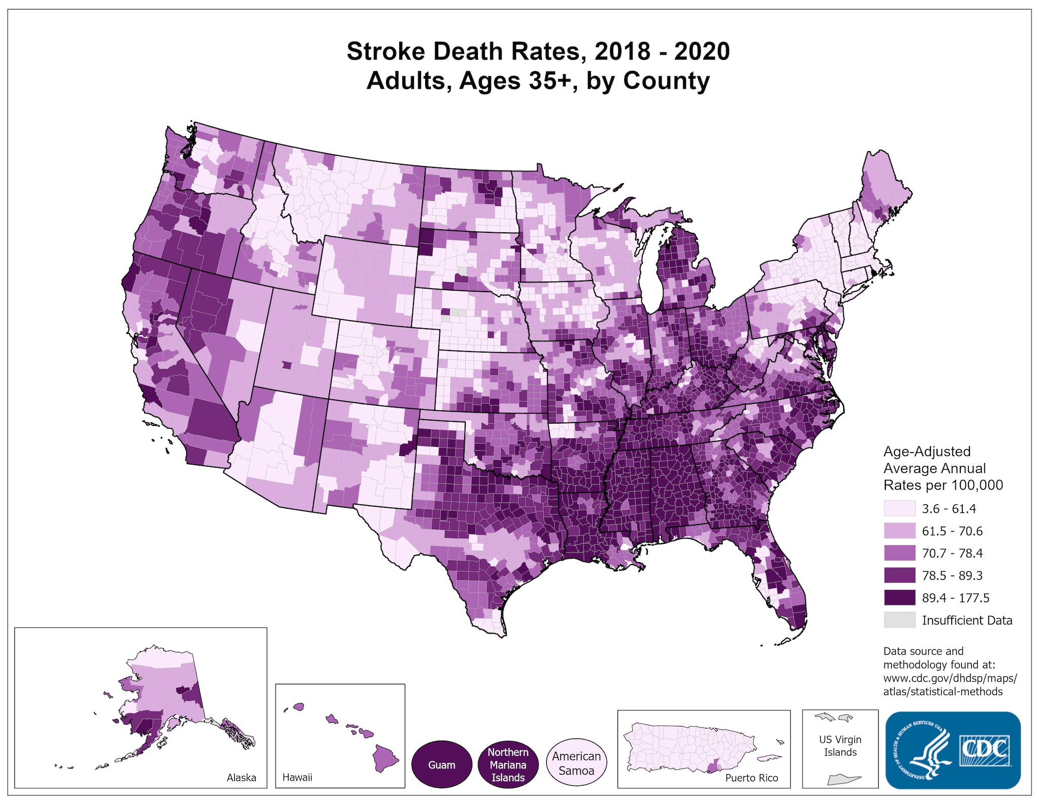 Stroke Death Rates for 2018 through 2020 for Adults Aged 35 Years and Older by County