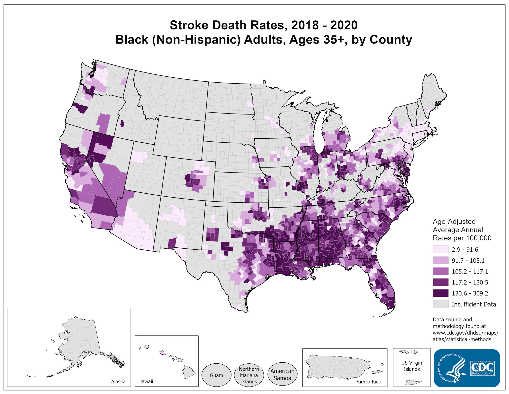 Stroke Death Rates for 2014 through 2016 for Blacks Aged 35 Years and Older by County. The map shows that concentrations of counties with the highest stroke death rates - meaning the top quintile - are located primarily in parts of Texas, Louisiana, Mississippi, Alabama, South Carolina, and Illinois. Pockets of high-rate counties also are found in West Virginia, Georgia, North Carolina, northern California, northern Washington state, Oklahoma and New York.