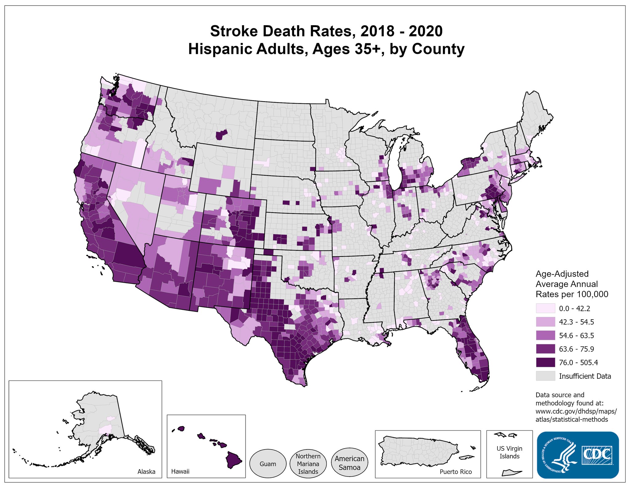 Stroke Death Rates for 2018 through 2020 for Hispanics Aged 35 Years and Older by County