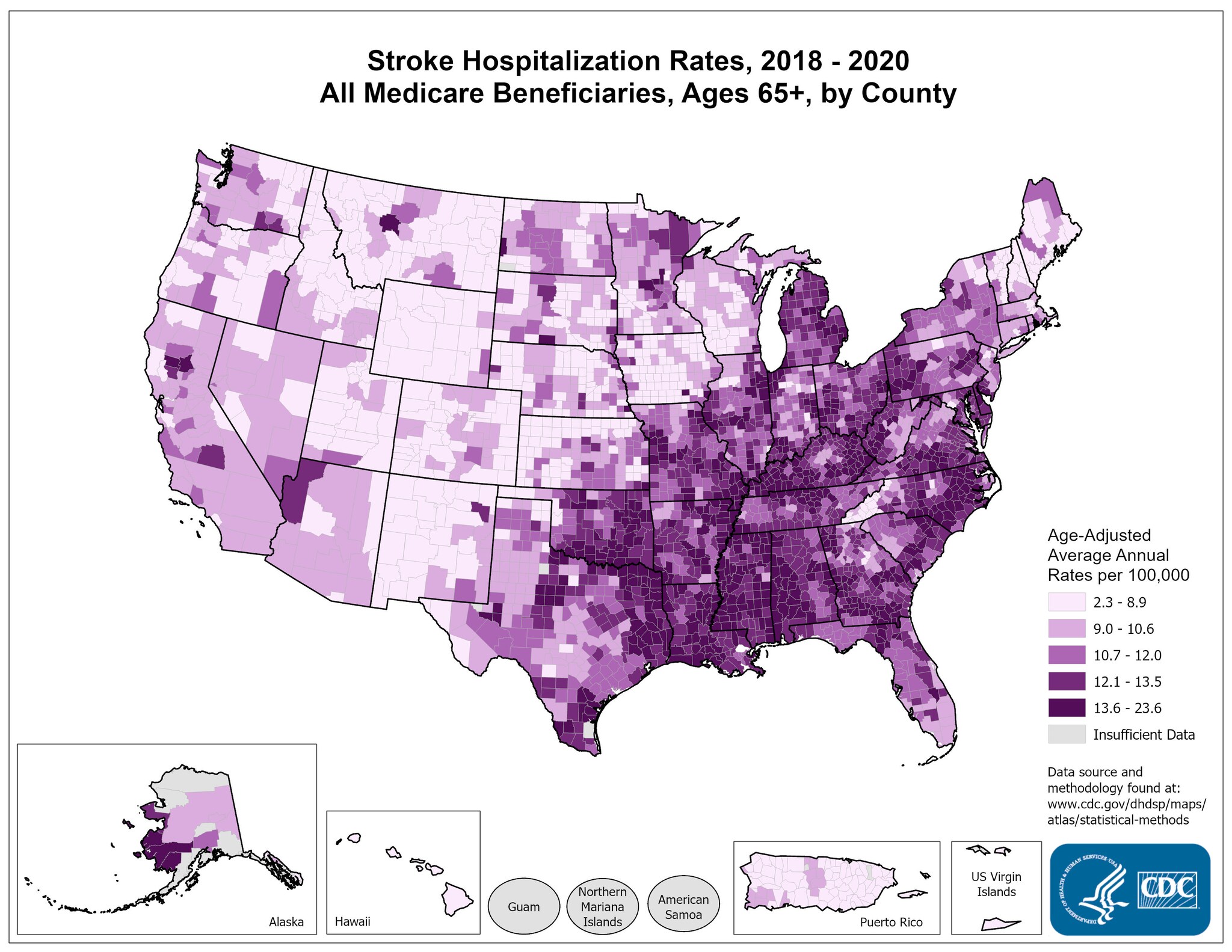 Stroke Hospitalization Rates for 2015 through 2017 for Adults Aged 65 Years and Older by County. The map shows that concentrations of counties with the highest stroke hospitalization rates - meaning the top quintile - are located primarily in the Southeast, with heavy concentrations of high-rate counties in Alabama, Mississippi, Louisiana and North Carolina. Pockets of high-rate counties also are found in West Virginia, Kentucky, Tennessee, Arkansas, Oklahoma, Virginia, Texas, Alaska, Missouri, Michigan, South Carolina, Georgia, Delaware and Maryland.