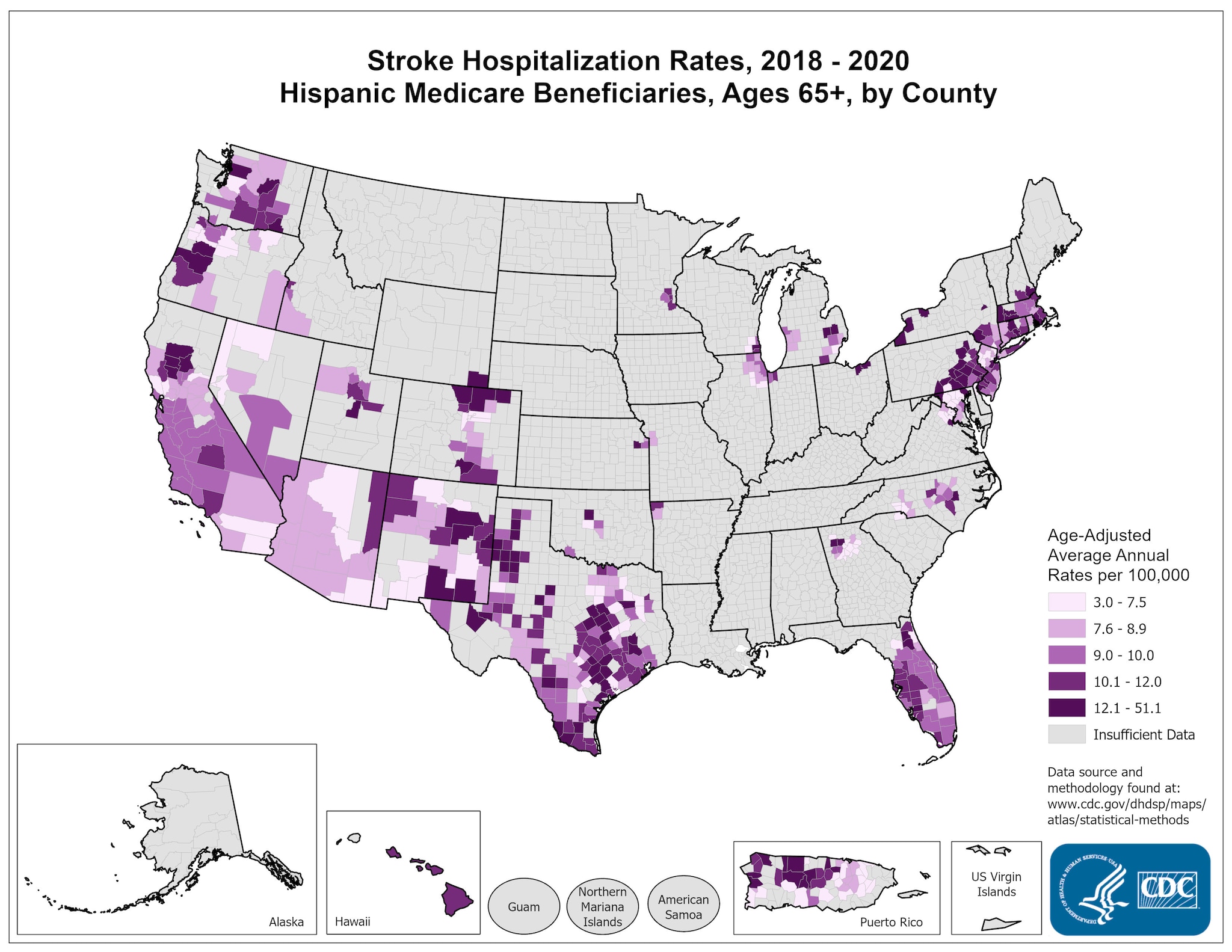 Stroke Hospitalization Rates for 2015 through 2017 for Hispanics Aged 65 Years and Older by County. The map shows that concentrations of counties with the highest stroke hospitalization rates - meaning the top quintile - are located primarily in Texas, Florida, New Mexico, Arizona, Utah, Massachusetts, Connecticut, Pennsylvania, New Jersey, Delaware, and New York.