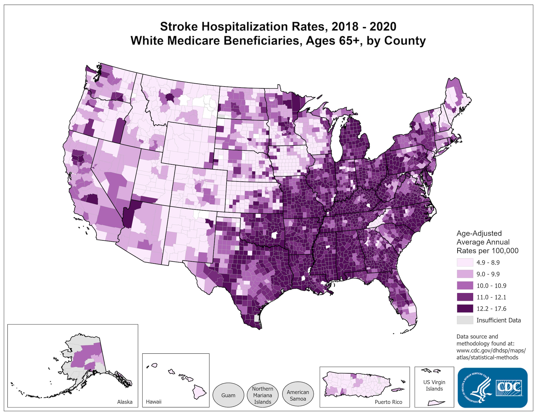 Stroke Hospitalization Rates for 2015 through 2017 for Whites Aged 65 Years and Older by County. The map shows that concentrations of counties with the highest stroke hospitalization rates - meaning the top quintile - are located primarily in the Southeast, with heavy concentrations of high-rate counties in Alabama, Mississippi, Arkansas, Texas, Oklahoma, West Virginia, Michigan, North Carolina, Kentucky, Tennessee and Louisiana. Pockets of high-rate counties also are found in South Carolina, Florida, Illinois, Indiana, Ohio, Pennsylvania, Delaware, Missouri, and Georgia.