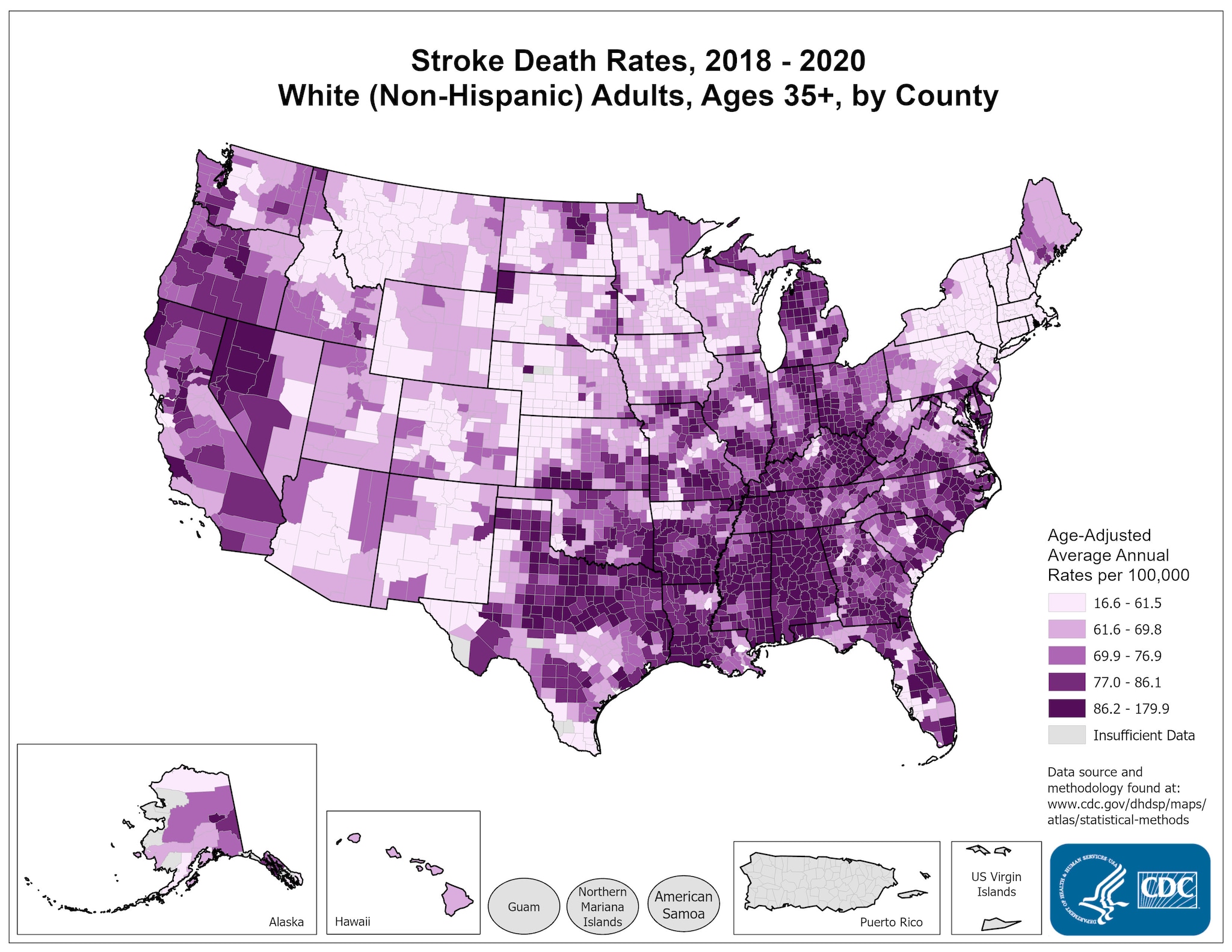 Stroke Death Rates for 2014 through 2016 for Whites Aged 35 Years and Older by County. The map shows that concentrations of counties with the highest stroke death rates - meaning the top quintile - are located primarily in the Southeast, with heavy concentrations of high-rate counties in Arkansas, West Virginia, Missouri, Alabama, Mississippi, Kentucky, and parts of Texas. Pockets of high-rate counties also are found in Oklahoma, Illinois, Indiana, North Dakota, Nebraska, South Dakota, North Carolina, South Carolina, and Georgia.