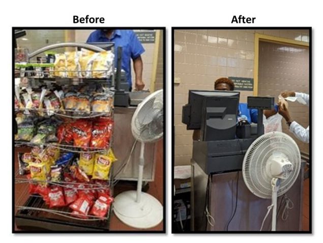 A “before and after” of the health checkout area at St. John’s Episcopal Hospital, where unhealthy snacks were removed.