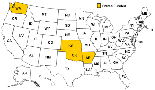 Map showing the funded states for the health examination survey: Arkansas, Kansas, Oklahoma, and Washington.