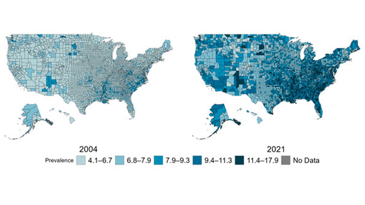 figure-3-county-level-prevalence US maps for years 2004 and 2021 showing county-level prevalence of diagnosed diabetes among adults aged 20 years increasing over time.