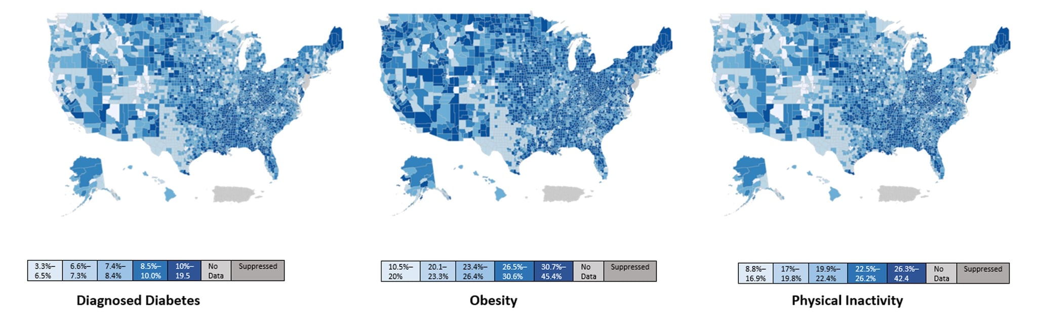 For detailed data for each map, go to https://gis.cdc.gov/grasp/diabetes/DiabetesAtlas.html#. Click on the “County” tab in the panel on the left, then select “All Counties.” Click on the “Indicators” tab and select “Burden/Magnitude” to see data for Diagnosed Diabetes or select “Risk Factors for Diabetes” to see data for Obesity or Physical Inactivity..