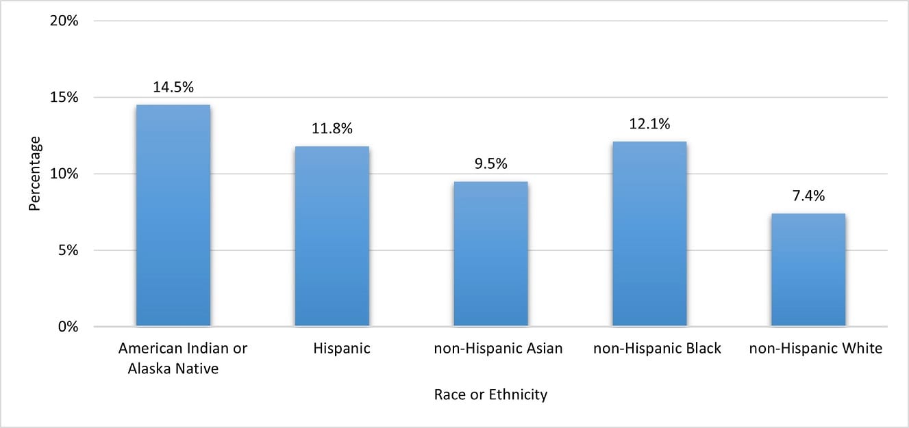 This horizontal bar graph shows the percentage of US adults aged 18 years or older with diagnosed diabetes by racial or ethnic group from 2018 to 2019. American Indians or Alaska Natives had the highest age-adjusted rates at 14.5%. Hispanics at 11.8%. Non-Hispanic Asian at 9.5%. Non-Hispanic Black at 12.1% and non-Hispanic whites at 7.4%.