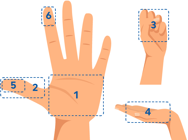 Hand figure portion graphic palm of hand is 3 ounces of meat, fish, or poultry. thumb tip to base is 1 ounce of meat or cheese, fist is 1 cup or 1 medium piece of fruit, cupped hand is 1-2 ounces of nuts, thumb tip is 1 tablespoon, fingertip is 1 teaspoon