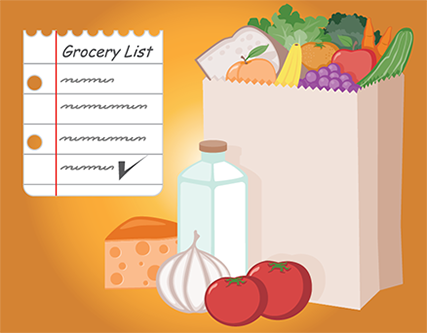 grocery list and groceries in bag