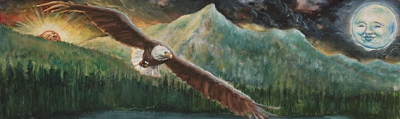 illustration of an eagle flying in front of a moutain with the sun on the left and moon on the right