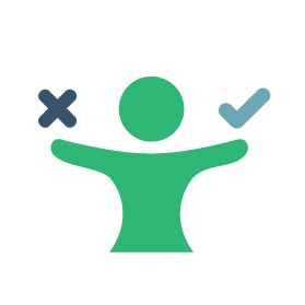 Person with their arms wide holding a large X in one arm and a large check mark in the other