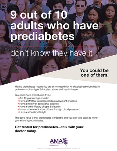 American Medical Association poster. 9 out of 10 adults who have prediabetes don't know they have it.