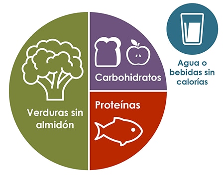 Placa que muestra los grupos de alimentos más agua o bebida sin calorias
