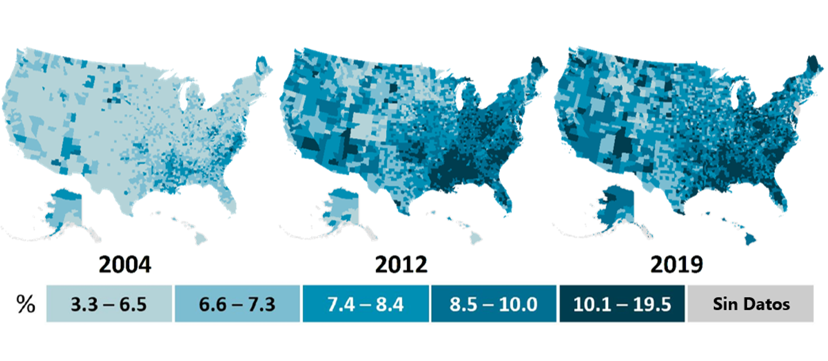Mapas de los Estados Unidos para los años 2004, 2012 y 2019, que muestran el aumento en la prevalencia de la diabetes diagnosticada a lo largo del tiempo, a nivel de condado, entre los adultos de 20 años o más.