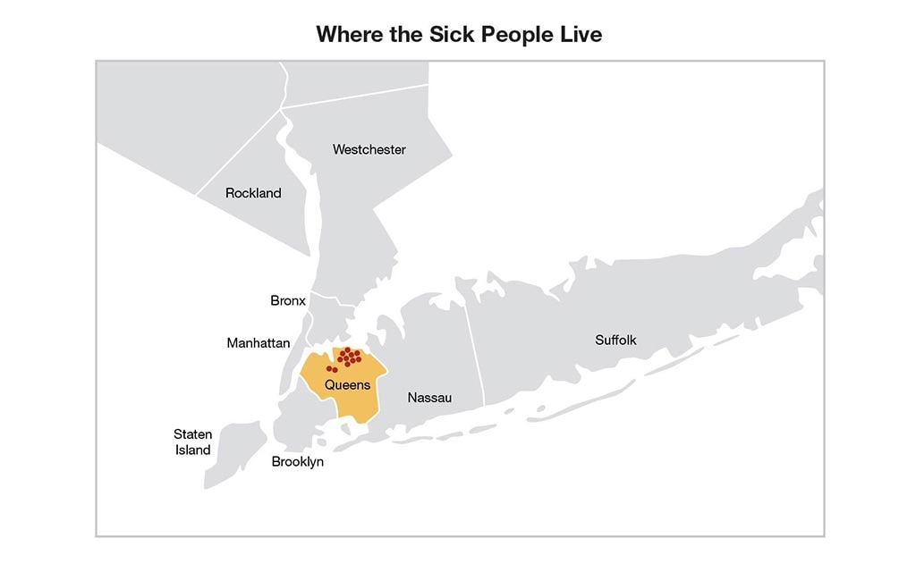 Map of New York City, that shows the sick people all lived in the queens borough.