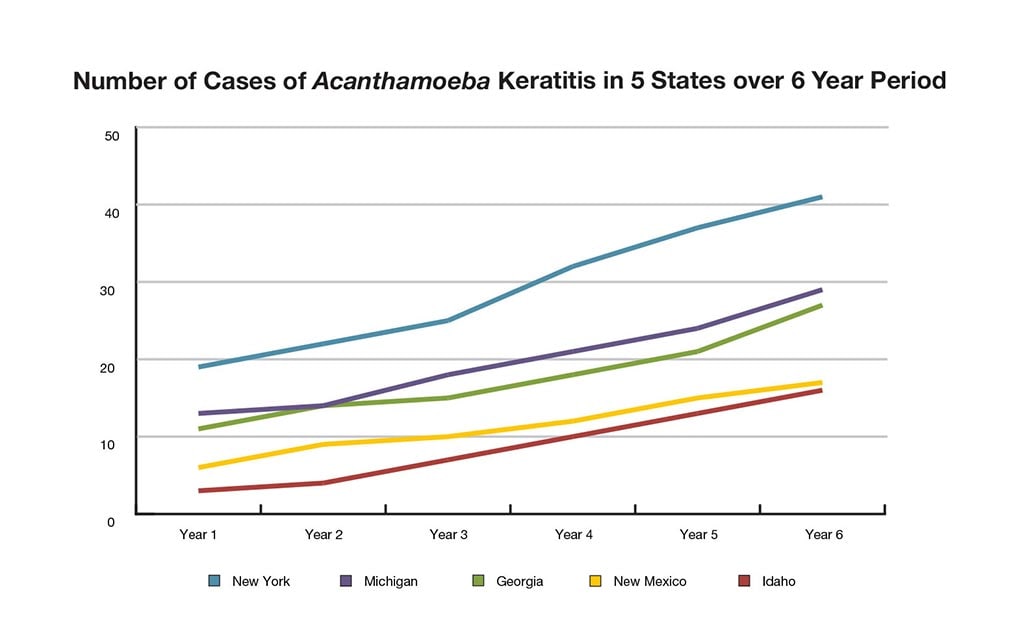 Number of cases acanthamoeba keratitis in 5 states over 6 year period.
                                                Year 1 New York 19 Michigan 13 Georgia 11  New Mexico 6 Idaho 3
                                                Year 2 New York 22 Michigan 14 Georgia 14  New Mexico 9 Idaho 4
                                                Year 3 New York 25 Michigan 18 Georgia 15  New Mexico 10 Idaho 7
                                                Year 4 New York 32 Michigan 21 Georgia 18  New Mexico 12 Idaho 10
                                                Year 5 New York 37 Michigan 24 Georgia 21  New Mexico 15 Idaho 13
                                                Year 6 New York 41 Michigan 29 Georgia 27  New Mexico 17 Idaho 16