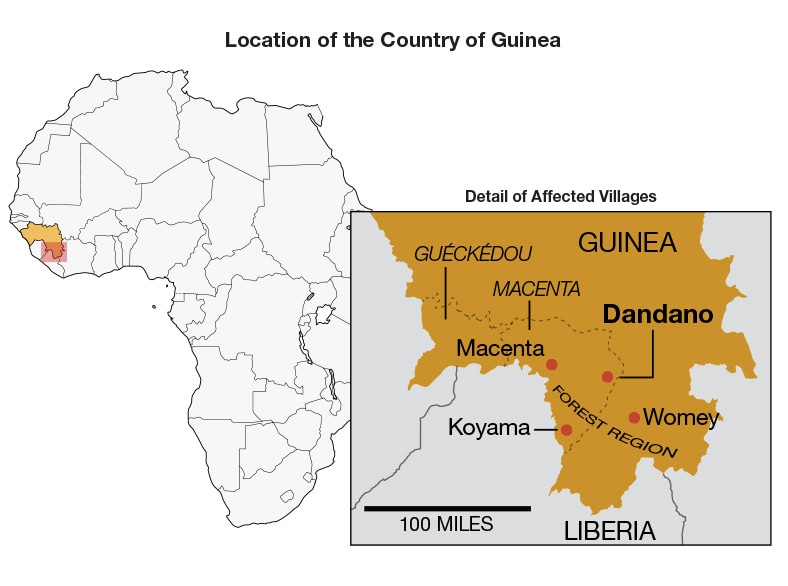 Map of Guinea in Africa with towns Dandano, Macenta, Koyama, and Womey identified