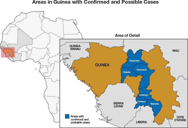 This map shows the regions of Guinea where Ebola has spread: Diabola, Dinguiraye, Kouroussa, Macenta, Kissidougou, Gueckedou. But thanks to your work, the spread is slowing down!