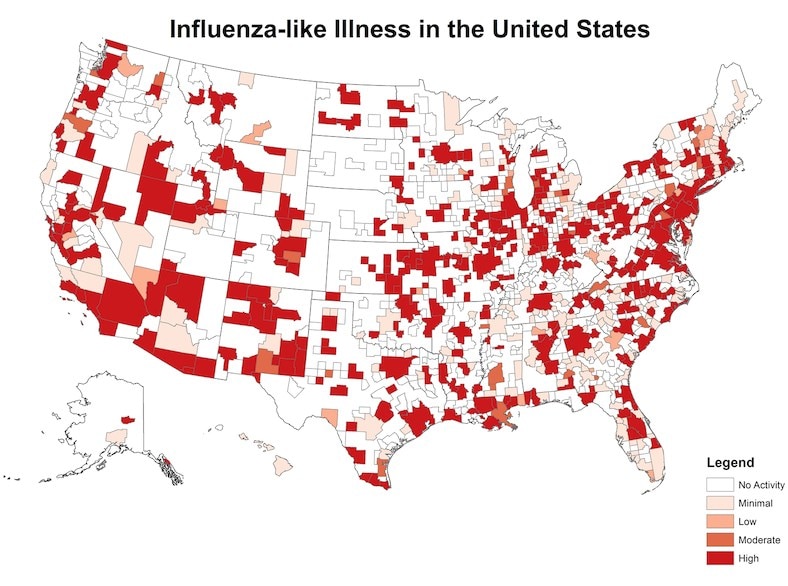 Map of the U.S. - Influenza-like illness in the United States. Legend white - no activity, pink - minimal, peach - low, orange, moderate, red high. Clusters of high flu activity in the north east, and south west. Minimal to No activity in the Midwest.