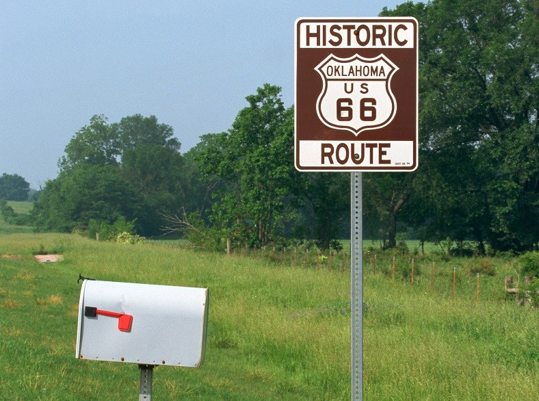 Image of a Route 66 street sign in the Midwest.