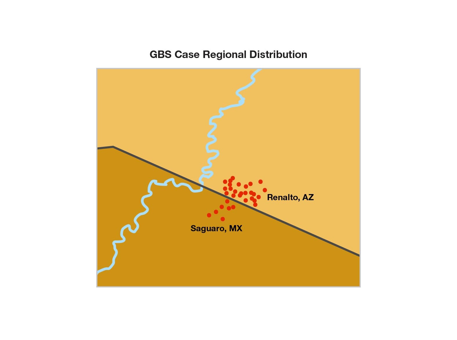 Map showing 24 cases of GBS in Renalto, Arizona and seven cases on Saguaro, Mexico