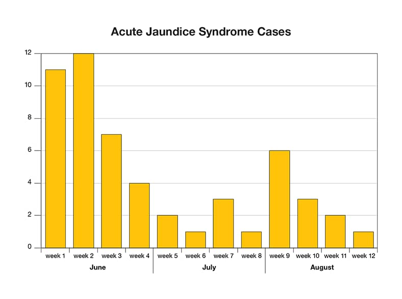 An epi curve shows the number of cases over a 3-month period of time. During the first month, cases briefly increase, then taper off as WASH projects are implemented, but 2 months later clusters of cases start to pop up again.  In June, week one, 11 cases.  Week 2, 12 cases, Week 3, 7 cases, Week 4, 4 cases.  In July, week 5, 2 cases.  Week 6, 1 case, Week 7, 3 cases, Week 8, 1 case.  In August, week 9, 6 cases.  Week 10, 3 cases, Week 11, 2 cases, Week 12, 1 case
