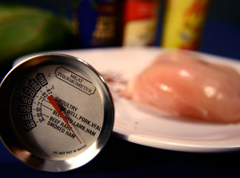 Use a food thermometer while cooking to check the temperature of meat and poultry before you eat it.