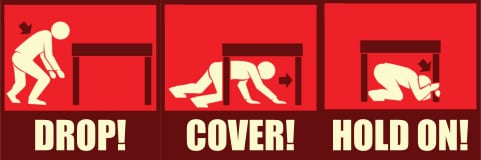 The graphic demonstrates a person dropping to the ground, taking cover under a table, and holding their hands over their head and neck with the words drop, cover, and hold.