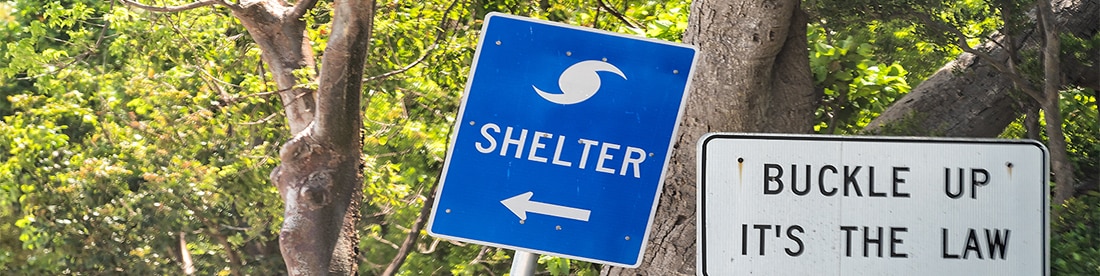 A road sign pointing the way to a hurricane shelter
