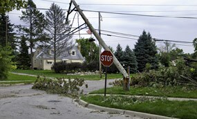 A neighborhood street with downed power lines and fallen trees 