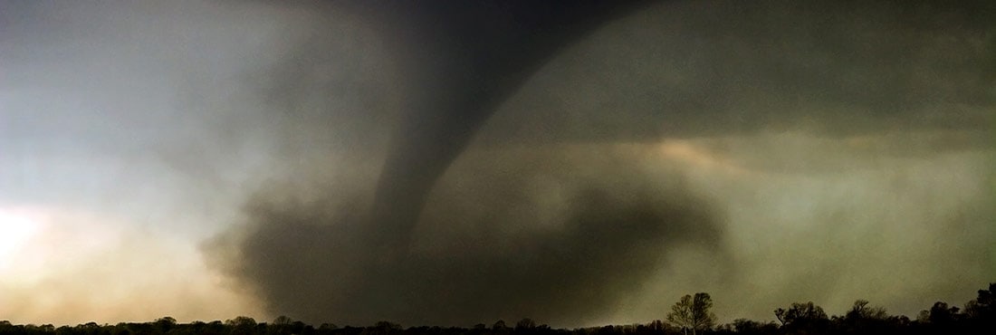 A large tornado carves a path through a forest and throws debris in the air